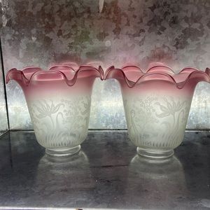 2 Handblown Vianne etched floral design, Hand blown cranberry, pink signed shade